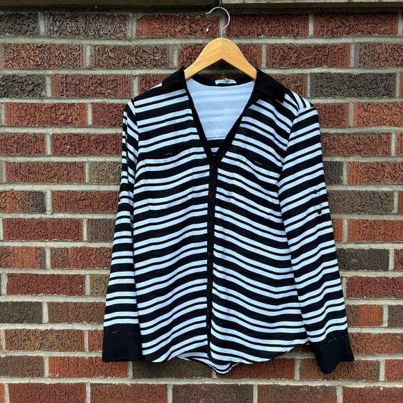 Express Black and White Striped Collared Chiffon Button Down Shirt Top - Picture 1 of 2